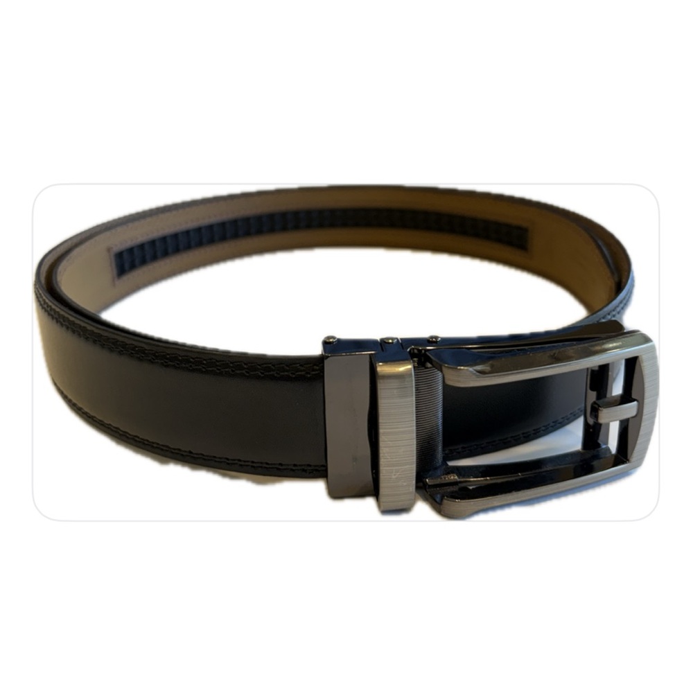 Mio Marino Collection Black Leather Belt with Pewter Color Buckle 42”Long 1”Wide